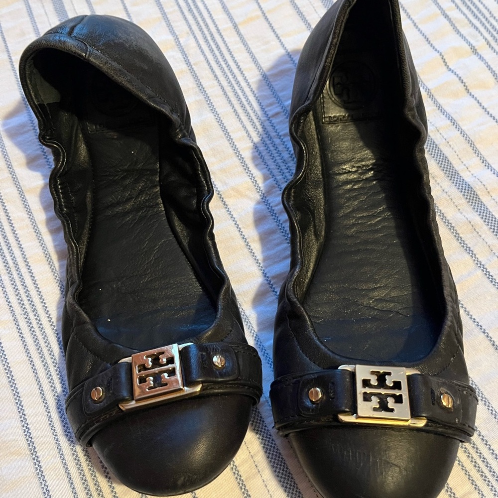 Tory Burch Black Leather Loafers with Gold Accents